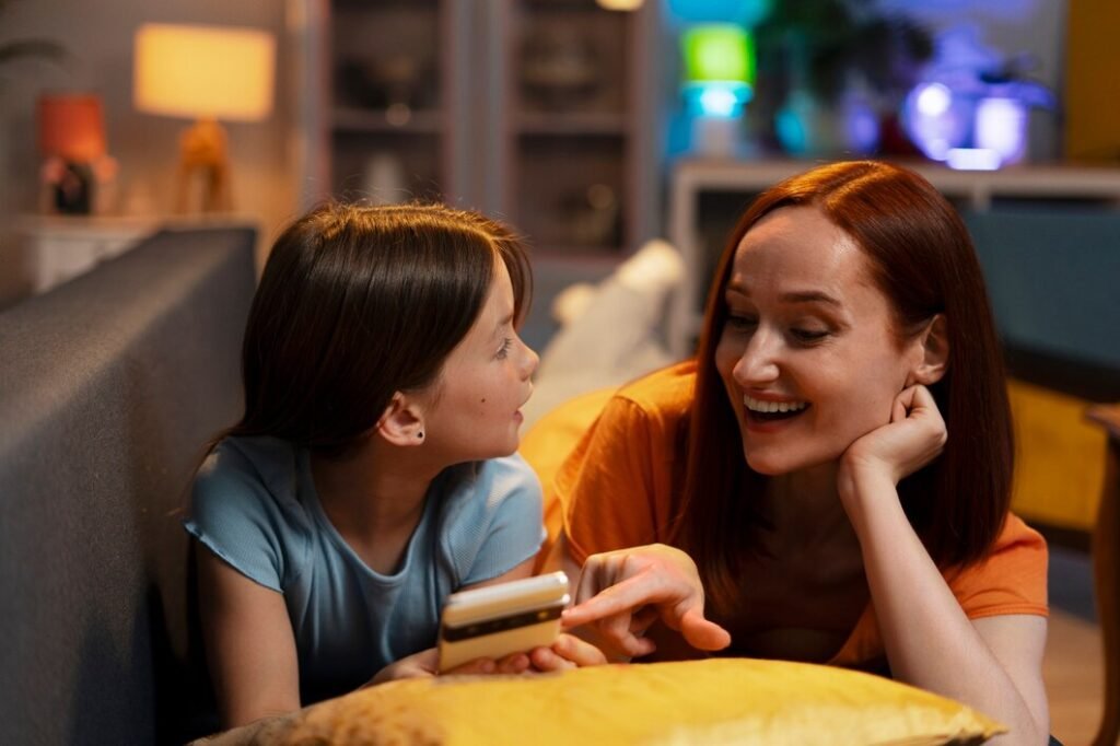 Woman and kid relaxing at home using fast internet connection