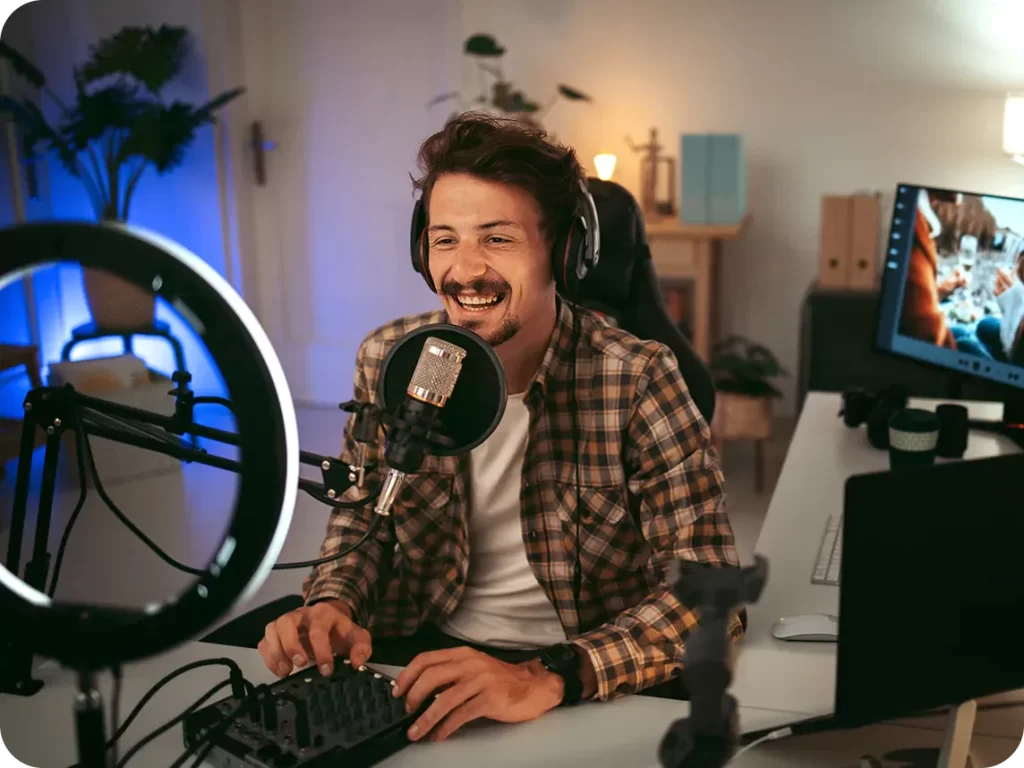 Young man recording podcast
